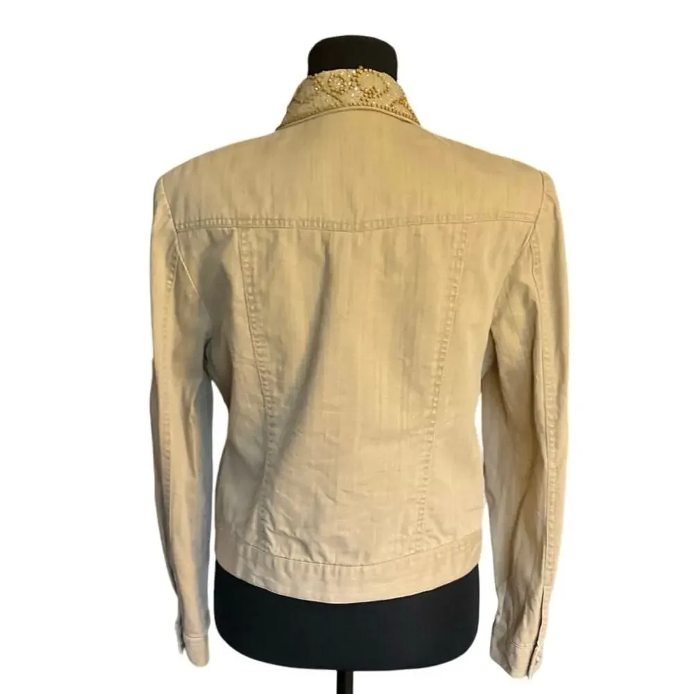 Nancy Bolen City Girl Beaded Embellished Khaki Button Front Denim Jacket Size M - Picture 4 of 8
